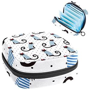 Leuke Kat Dragen Blauwe Streep Shirt Periode Pouch Draagbaar,Tampon Opbergtas voor Maandverband, Meerkleurig, 4.7x6.6x6.6 in/12x17x17 cm