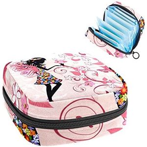 Periode Pouch Draagbare Tampon Opbergtas,Tampon Houder voor Portemonnee Vrouwelijke Product Organizer,Roze Fairy Butterfly Girl Bloem, Meerkleurig, 4.7x6.6x6.6 in/12x17x17 cm