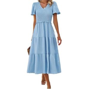 Dames zomer midi-jurk bloemenprint boho jurk V-hals casual feest Boheemse vloeiende lange jurk voor dames, Blauw, XL