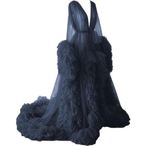 WSEYU Pluizige tule gewaad zwangerschapsjurk voor fotoshoot lange pure bruidsgewaad babyshower jurk plus size, Donkerblauw, 32