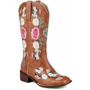 Lmtossey Vrouwen Haar Cowboy Laarzen Plus Size Vierkante Teen Dikke Hak Western Cowgirl Laarzen Bloem Bal Schoenen, Bruin, 42.5 EU