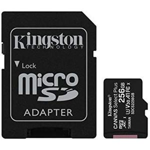 Kingston 256GB microSDHC Canvas Select Plus 100MB/s Lezen A1 Klasse 10 UHS-I geheugenkaart + adapter met frustratievrije verpakking (SDCS2/256GBET)