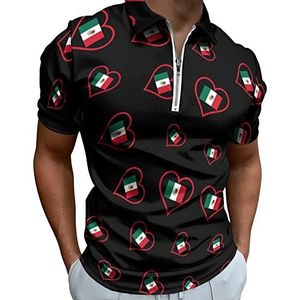 I Love Mexico Rood Hart Half Zip-up Polo Shirts Voor Mannen Slim Fit Korte Mouw T-shirt Sneldrogende Golf Tops Tees 5XL