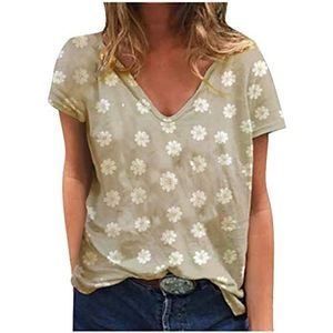 Lazzboy Store Tuniek Dames T-Shirt Jacquard Tops Plus Size Vrouwen Korte Mouw Bedrukt T-Shirt Met V-hals T-Shirt Losse Vrijetijdsblouse, Kaki, XL
