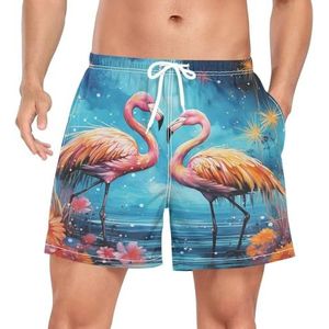 Niigeu Daisy Flower Flamingo Bird zwembroek voor heren, sneldrogend, met zakken, Leuke mode, M
