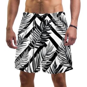 PAFEFO Art Zwart Wit Bladeren Strepen Mannen Board Shorts, Sneldrogend Strand Zwemmen Sport Suits met Zakken, Art Zwart Wit Bladeren Strepen, S