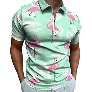 Kleurrijke roze flamingo heren poloshirt met rits T-shirts Casual korte mouw Golf Top Classic Fit Tennis Tee
