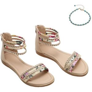 Xytraiihw Dames Bohemian Sandalen Platte Casual Zomerschoenen Grote Maat Comfortabele Sandalen Mode Open Romeinse Schoenen Teen Flip Flops voor Sport Strand,Beige,36 EU