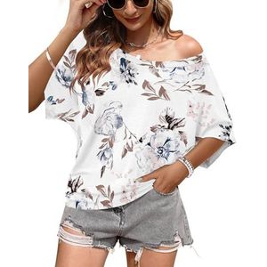 WNEEDU T-shirt Dames Zomer Off Shoulder Tops Ronde Hals Korte Mouw Basic Top Lang Shirt Los Casual 2025