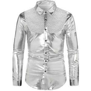 Heren Solid Pailletten Shirt 90S Verjaardag Party Shirt Klassiek Lange Mouw Dans Shirt A45 Zilver M