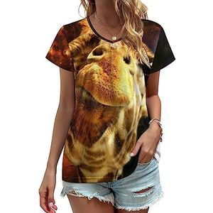 Neon Giraffe Dames V-hals T-shirts Leuke Grafische Korte Mouw Casual Tee Tops S