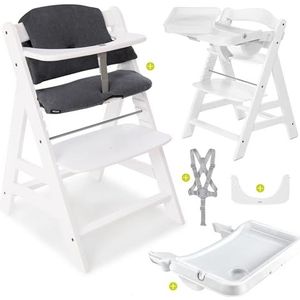 Hauck Alpha Plus hoge kinderstoel met eetplank Alpha Tray en zitkussen - meegroeiende babystoel van hout, kinderstoel vanaf 6 maanden, verstelbaar - wit grijs