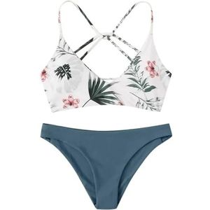 Dames Bikini Set Bikini Vrouw Bloemen Print Bikini Sets Push-up Badpak Beachwear Gewatteerde Badmode Bikini, Blauw, XL