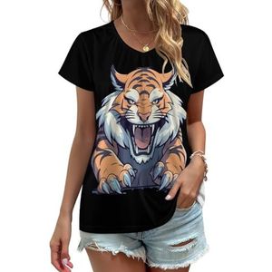 Ferocious Tiger Print Dames V-hals T-shirts Leuke Grafische Korte Mouw Casual Tee Tops 2XL