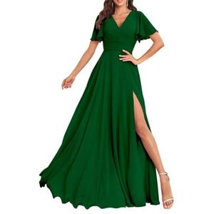 Chiffon bruidsmeisjesjurken voor dames, met split, lange baljurken, cocktailjurken, grote maten, Emerald Groen, 32