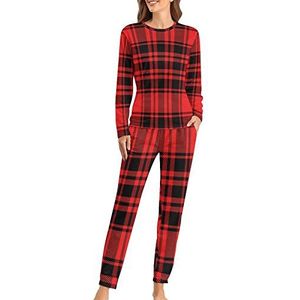 Buffalo Rood Zwart Plaid Zachte Dames Pyjama Lange Mouw Warm Fit Pyjama Loungewear Sets met Zakken XS