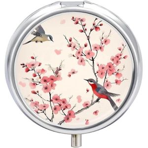 Ronde pillendoos met spiegel 3 compartimenten medicijndoosje kersentakken bloemen vogels pillendoosje voor portemonnee zak wekelijkse pillenorganisator reizen pillendoos pillencontainer houder voor