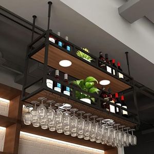 Wijnrekken Industriële vintage bar drijvende plank met verlichting, aan het plafond gemonteerde hangende wijnfleshouder, bar glazen displayrek Bar (Color : Noir, Size : 60x30cm)