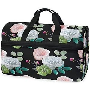 Rose Black Floral Blossom Sport Zwemmen Gym Tas met Schoenen Compartiment Weekender Duffel Reistassen Handtas voor Vrouwen Meisjes Mannen