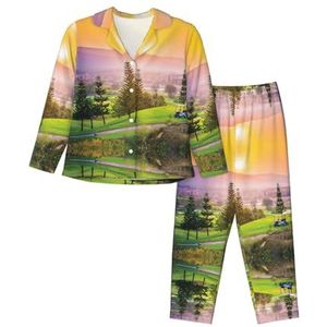 JEJEA Golf Resort Park print Comfy 2 Stuk Nachtkleding Lounge Set Pyjama Set Lange Mouw Nachtkleding Nachtkleding, Zwart, S