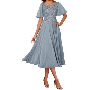 AHERKLL Kant Applicaties Moeder Van De Bruid Jurken Chiffon Formele Avond Party Grootmoeder Jassen Thee Lengte HAH054, Dusty Blauw, 34