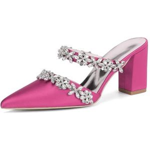 KYEGLO Dames Sandalen Met Spitse Neus En Strass Steentjes, Gesloten Neus, Satijnen Dikke Hak - Sexy Stijl, Perfect Voor Bruiloften En Bruidsfeesten,Rose,36