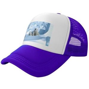 MDATT Verstelbare vaderhoed voor heren en dames voor buiten, platte snavel, snapback met hoge paardenstaart, ijsbeerprint, Paars, Eén Maat