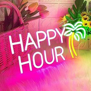 Happy Hour Neon Signs Roze Neon Bar Lichtbord voor Muurdecoratie Thuis Bar Club Koffie Pub Hotel Decor Led Teken Game Room Slaapkamer Woondecoratie Verjaardag Bruiloft Teken Gift (39,9 x 20 cm)