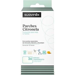 Suavinex, Citronella-pleisters tegen muggen, voor baby's, kinderen en volwassenen, tot 12 uur houdbaarheid, transparante kleefpleisters voor textiel en oppervlakken, vlekvrij, eenvoudig in gebruik, 36