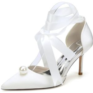 EICOFF Dames Parel Hoge Hak Bruids Pumps Vrouwen Satijnen Puntige Gesloten Teen Slip On Stiletto Strappy Party Trouwjurk Schoenen,ivoor,35 EU