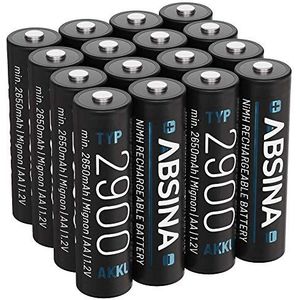 ABSINA Accu AA Mignon 2900-16x NiMH oplaadbare AA-batterij met min. 2650 mAh & 1,2 V - AA batterijen voor apparaten met een hoog stroomverbruik - AA batterijen ideaal voor flitsers, Wii & Xbox Controller