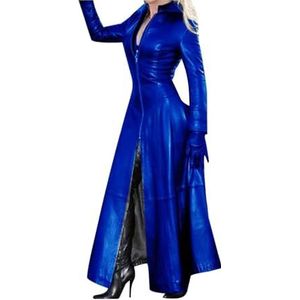 Kunstleer Dames PVC-leer Sexy Feestelijke Lange Jas Cosplay Kostuum Revers Lange Mouw Gewaad Reloaded a Lederen jas Jas van synthetisch leer (Color : Blue, Size : 4XL)