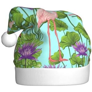 SSIMOO Flamingo Love Flowers pluche kerstmuts voor volwassenen, feestelijke feesthoed, ideaal feestaccessoire voor bijeenkomsten