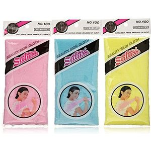 Salux Nylon Japanse Beauty Skin Bath Wash Cloth/handdoek (3) Blauw Geel en Roze door SALUX