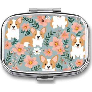 Kleine pillenhoes met 2 compartimenten Corgi Bloemen Lente Tuin Geneeskunde Pillendoosje Gepersonaliseerde Reizen Pillendoos voor Portemonnee Reizen Pillenorganisator Draagbare Dagelijkse Pillendoos