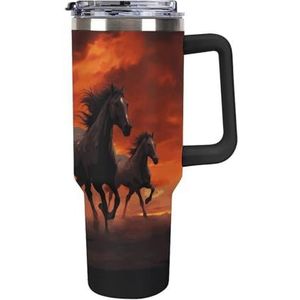 40 oz roestvrijstalen beker met handvat paarden rode gloeiende wolken grote capaciteit autobeker lekvrije reisbeker koffiemok dubbel drinkdeksel waterfles geschenken voor mannen vrouwen