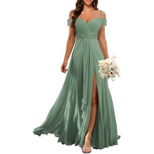 KURFACE Dames koude schouder chiffon bruidsmeisjes jurken met split geplooide formele avondjurk Maid of Honor, Eucalyptus, 32