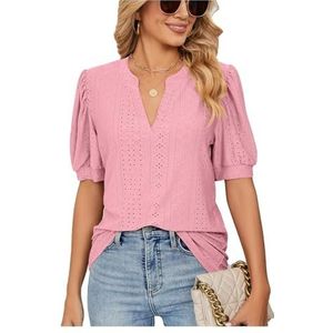 2024 zomer casual v-hals effen kleur holle losse T-shirt tops met pofmouwen for dames (Kleur : Pink Red, Size : L)