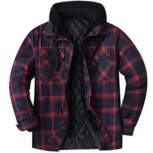 ZENTHACE Dikker geruit flanellen overhemd met capuchon voor heren met gewatteerde voering, Donkerrood, L