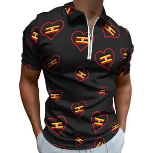 I Love Oeganda Rood Hart Half Zip Up Polo Shirts Voor Mannen Slim Fit Korte Mouw T-shirt Sneldrogende Golf Tops Tees M