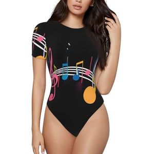 KHDKLXOHZ 3d kleurrijke muzikale noot bodysuits voor dames - shapewear met korte mouwen, ronde hals, rekbare basic T-shirt tops, casual slanke comfortabele pasvorm turnpak-onesie, 3d, S