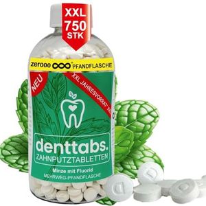 Denttabs Tandenborsteltabletten 750 stuks Jaarlijkse voorraad Mint met fluoride Cariësbescherming zonder conserveringsmiddelen Het complete alternatief voor traditionele.