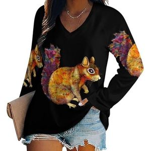 Kleurrijke Eekhoorns Vrouwen Casual Lange Mouw T-shirts V-hals Gedrukt Grafische Blouses Tee Tops 5XL