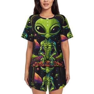 YJxoZH Groene Alien Print Womens Zomer Pyjama Sets Nachtkleding Dames Korte Mouw Nachtkleding Pjs Lounge Met Zakken, Zwart, XXL