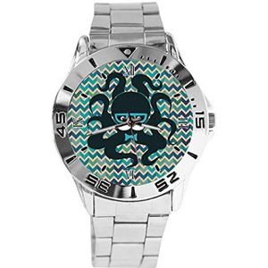 Cartoon zwarte snor Octopus en Chevron Design analoog polshorloge Quartz zilveren wijzerplaat klassieke roestvrij stalen band vrouwen mannen horloge