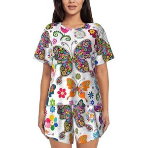 YQxwJL Witte Bloemen Patroon Kleurrijke Vlinders Print Vrouwen Pyjama Sets Shorts Korte Mouw Lounge Sets Nachtkleding Casual Pjs Met Zakken, Zwart, XL