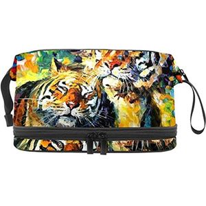 Grote capaciteit reizen cosmetische tas,Kleurrijke olieverfschilderij leeuw, make-up tas,Waterdichte make-up tas organisator, Meerkleurig, 27x15x14 cm/10.6x5.9x5.5 in