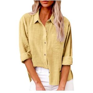 Dames katoenen linnen button-down overhemd 2024 lente casual effen kleur shirts met lange mouwen losse werktops met zakken(Color:Turmeric,Size:4XL)