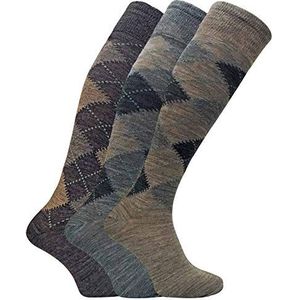 Sock Snob - Heren 3 Paren Lang Overknee Wol Sokken met Argyle (39-45 EU, Bruin)