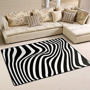 Vloerkleed 100 x 150 cm, gebogen zebrastreep zwart-wit flanellen mat tapijt pluche woonkamertapijt antislip kantoormatten, voor ingang, keuken